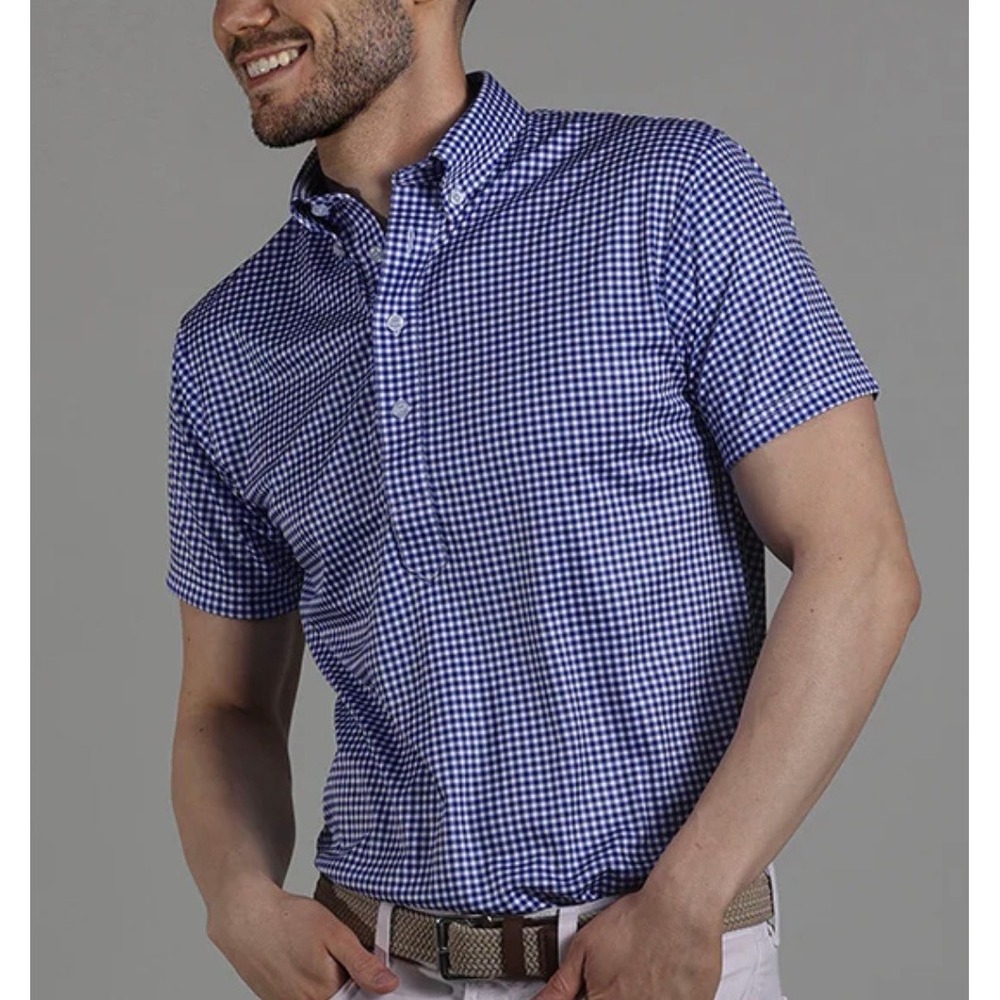 Collars & Co Golf Performance Blue Gingham Oxford Button Down Polo S Small NWOT